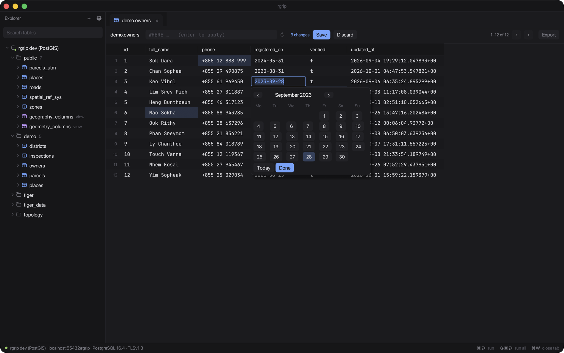 Inline cell editing with a date picker