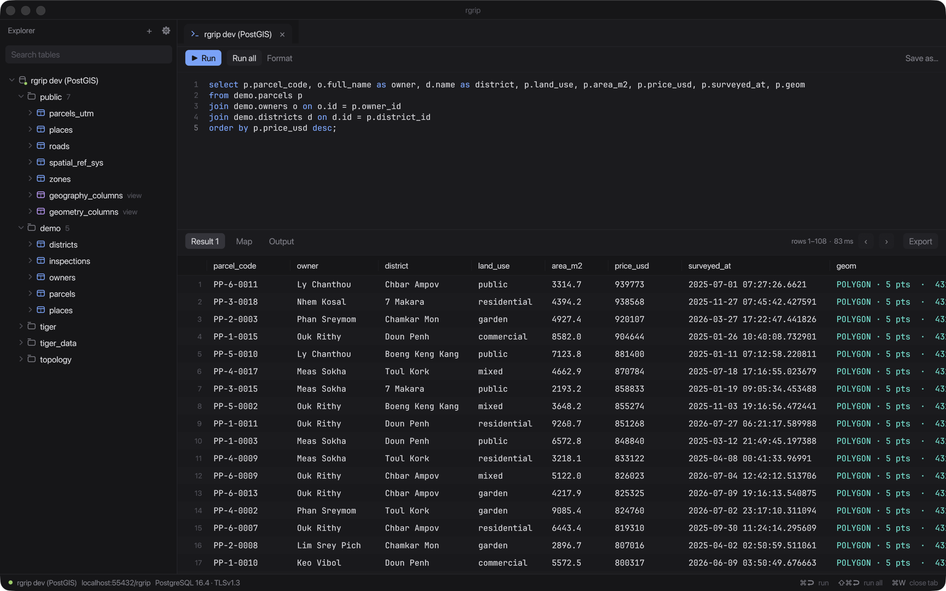 rgrip main window: schema explorer, SQL console and results grid